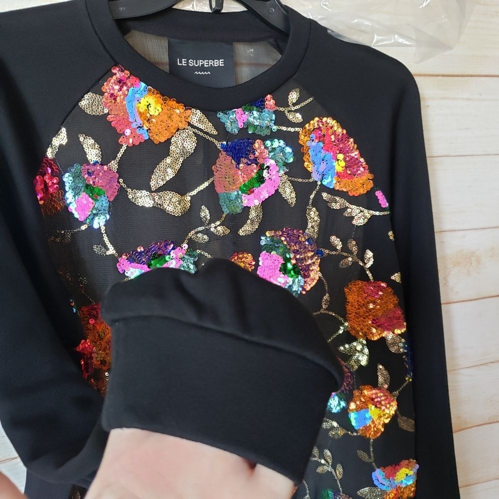 Le Superbe Glam Garden Sequined Sheer Round Neck Sweatshirt Top Women's Medium - Picture 9 of 12